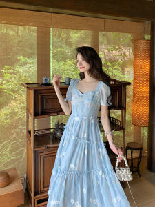 DENGLIULIU | Gentle Blue Oil Painting Style Embroidered Floral Dress