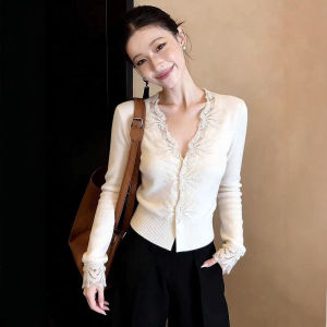DUOFEIYAN | Áo Cardigan Len V-Neck Phong Cách Pháp In Hoa Văn Ren