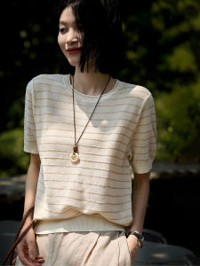 Xiao Han Ge Athens Coast Degradable Paper Cotton Sea Soul T-Shirt/Bead Stripe Short Sleeve Knitted Shirt Womens Casual Wear
