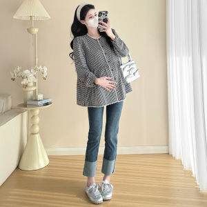 Pregnancy Maternity Top Floral Edge Black and White Gingham Thin Blouse Loose