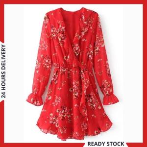 CFBOUTIQUE Euro Inspired Style Woman Summer Floral Printed Chiffon Overlap Ruffle Dress