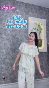 [HCM] Đồ bộ tole nữ bộ lanh mặc nhà quần dài áo tay ngắn có bèo ngực SHOP5SAO (43-75kg)