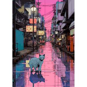 1pc Canvas Painting Retro Japan Cat City Pop Art Purple Street Posters and Prints Canvas Printing Wall Picture Room Decoration