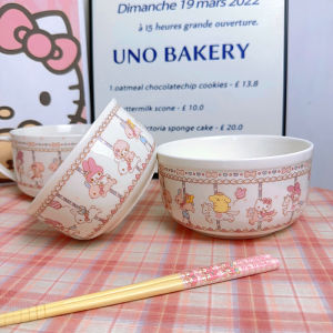 Ceramic Cartoon Anime round Pink High Aesthetic Rice Bowl Student Lunch Box with Lid Instant Noodles Bowl Chinese Style