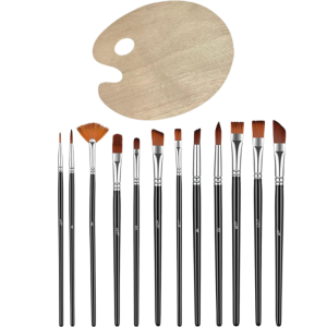 12Pcs Professional Wooden Paint Brushes with Wooden Palette Natural Wood Handle Art Brushes for Acrylic Watercolor Oil