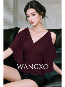WANGXO | Áo Phối Vải Kim Sa Bạc Có Thể Điều Chỉnh Dáng Ôm Rút Gấu Ống Vai