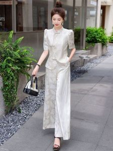 Elegant New Chinese Style Wide Leg Pants Set Womens Fashionable Reformed Cheongsam Suit Lightweight Luxury Feel Summer 2024