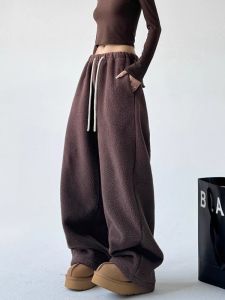 Womens Fleece Wide Leg Pants Autumn Winter Loose Slim Straight Casual Thickened Warm High Waist Long Trousers Korean Style