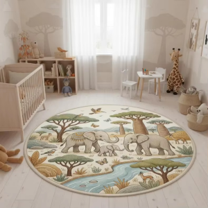 VIKAMA Boho Patchwork Jungle Lion Circular Floor Mat Soft Anti Slip Mat For Kids Play Area Balcony Study Room Interior Decoratio