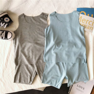 Summer Childrens Seamless Vest Shorts Set Elastic Home Clothes Baby Boys Girls Cotton Solid Color Casual Style 2pcs Set