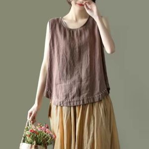 Áo Thun Cotton Cổ Tròn Tay Ngắn Dáng Rộng Mùa Hè 2024 Cho Nữ Áo Thun Cotton Phong Cách Retro Dân Tộc Không Tay Áo Vest Thêu