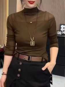 Half Turtleneck Fancy Niche Style European Station Fashion Western Style Inner Wear K-style Micro Transparent Silm Mesh Tops Black (New Products)