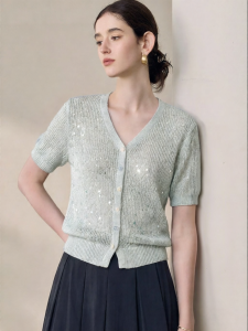 Roey s house | Elegant and Breathable Blue Sequin V-Neck Knit Cardigan