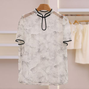 Watercolor Flower Thin Sheer Loose Short Sleeve Chiffon Blouse