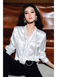 WANGXO | Áo Thun Lụa Mượt Mà Vải Acetate Satin Dyeing Cổ Nơ Kiểu Dáng Xếp Ly