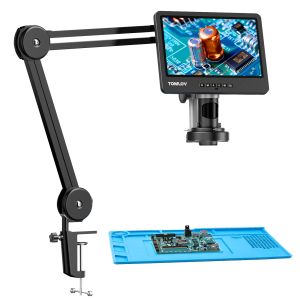 TOMLOV DM602 Flex Digital Soldering Microscope 2000x Flexible Arm 10.1" HDMI Microscope with 3 Lens Coin Microscope with Ring Light Adults LCD Video Microscope Electronic Repair Mat Included