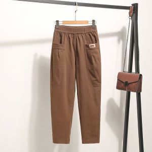 Trendy Pure Cotton Straight Leg Nine-Piece Pants Elastic Waist Loose plus Size New Style Small Figure Harlan Pants Commute Style