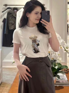 เสื้อยืดแขนสั้นผ้าฝ้ายแท้ปักลายหมีสีขาวสำหรับผู้หญิงฤดูร้อนปี 2025 เสื้อเชิ้ตแขนสั้นสไตล์ยูนิเซ็กซ์สไตล์ยุโรปและอเมริกัน