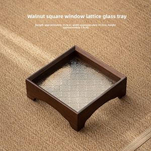 JISU | Window Flower Design Walnut Wood Glass Footed Tray Tea Set Accessory With Handle