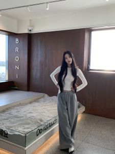 Wide Leg Pants Loose Fit Straight Cut Comfortable Casual High Waist Long Pants Fashionable Asymmetrical Design Cotton Material