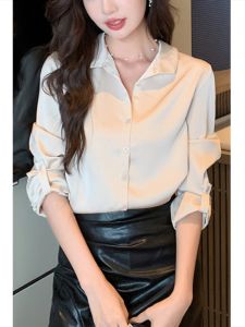 PIAOYA | Satin V-neck Slimming Stylish Shirt Long Sleeve
