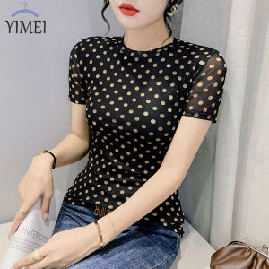 Yimei thời trang nữ 2023 mùa hè thời trang Quảng Châu lưới ngắn tay T-Shirt ôm vừa mỏng và thời trang in chấm bi Top