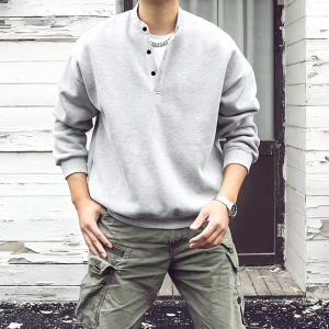 Mens Loose Fit Solid Color Crew Neck Sweatshirt Henry Collar Spring Fashion Retro Japanese Style Streetwear