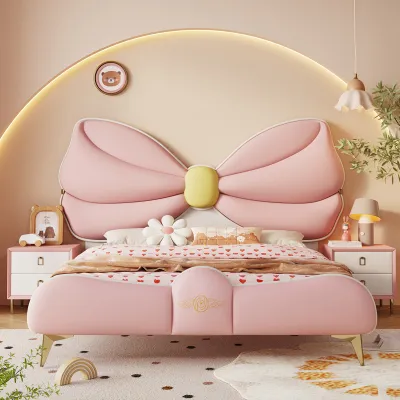 Princess Style Childrens Bed with Butterfly Knot Design Modern Simple Luxury Pink Leather for Girls Teenage Bedroom Kids Bed