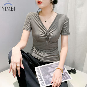 YIMEI Wrinkled V-neck Women's T-shirt Summer Short-sleeved 2024 New Fashionable Temperament Lace Small Shirt Slim Fit High-end Gray Top