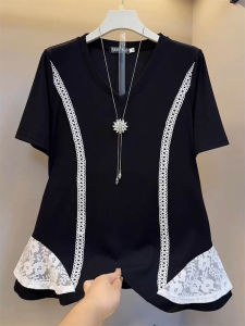 WANGGONGZHU | Fashionable V-neck Short Sleeve T-shirt Womens Summer New Style Plus Size Splice Design Sense Trendy Top Princess Style