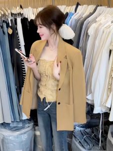 YUFUQING | Chic Kaki Color Suit Jacket Womens Stylish Ageless Beautiful Spring Fashion Outerwear Long Sleeve Polyester Fiber Coat