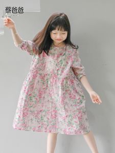 Princess Style Long Sleeve Cotton Dress for Girls Floral Print Spring Autumn Wear Pink Flower Skirt Childrens Clothing