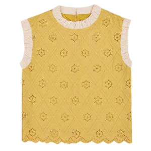 Shalldoer | Retro Style Yellow Round Collar Lace Hollow Fly Sleeve Patchwork Contrast Shirt