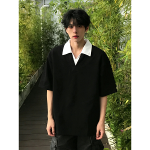 OUMULONG | Layered Look Polo V-Neck T-Shirt