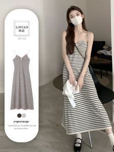 Contrast Color Stripes Knitting Suspenders Dress Womens Summer 2024 New Arrival Korean Style Mid Length Long Length Slimming Vest Skirt