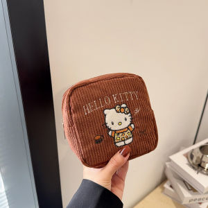 Embroidered Kitty Portable Cosmetic Bag Cartoon Small Square Bag Inner Pocket Handbag for Youth Soft Velvet Material Zipper Closure
