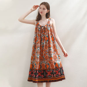 Miccbeirn | ชุดเดรสยาวปานกลางผ้าไหมคอตตอนพิมพ์ลายสไตล์ย้อนยุคสุดสง่างาม พร้อมโบว์ผีเสื้อและกระโปรงทรงเอ สไตล์ฤดูร้อน