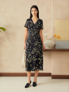 Summer Silk Crane Orchid Print Garden Series Dress