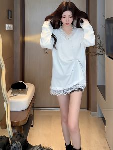 Lace Patchwork V-neck Base Layer T-shirt Womens Loose Long Sleeve Casual Top White Inner Wear Autumn New Style Korean Version