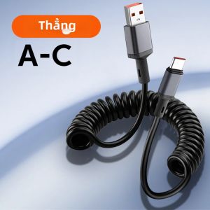 Cáp Dữ Liệu Lò Xo Uốn Cong 90 Độ Type C/USB 100W Dây Sạc Kép Có Thể Thu Gọn Cho iPhone 15-17 Samsung - Siêu Tốc Độ Dài 1m Chất Liệu TPU Nylon