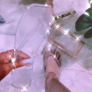 Large Size Womens Sandals 2025 New Style Rhinestone Jelly Slippers Casual Flat Bottom Pure Color PVC Upgraded Version