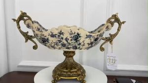 ĐĨA QUẢ DÁNG TÂN CỔ ĐIỂN HỌA TIẾT HOA NHÍ XANH MÀU GỐM SỨ TRUYỀN THỐNG CB30-DQ1