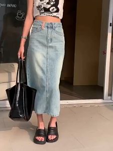 YODO กระเป๋ายีนส์ยาวการผ่า ขนาด 3XL สีฟ้าอ่อนเอวสูง หวานๆน่ารัก BV96