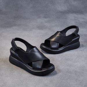 Genuine Leather Roman Sandals Womens Summer Outdoor Wear 2024 New Soft Bottom Heightening Slope Heel Versatile Casual Shoes