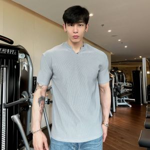 Mens Pure Color V-Neck T-Shirt Casual American Stripe Short Sleeve Fitness Training Base Layer Versatile Top for Spring Summer