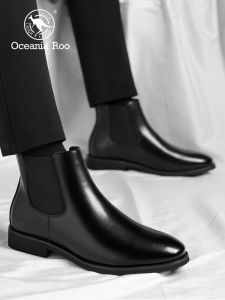Mens Chelsea Boots Winter Business High Top Leather Shoes Fleece Lined Martin Short Boots Pointed Toe British Style Cotton Shoes
