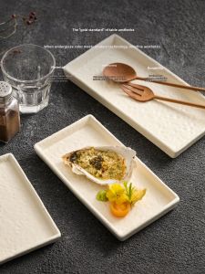 YOGEHOME | White Hammered Texture Rectangular Ceramic Plate Aesthetic Plating