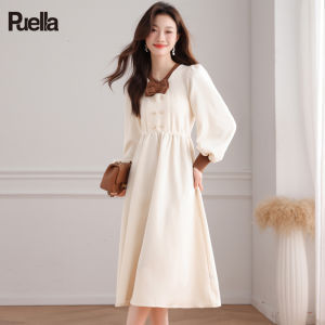 Puella | French Style Waist-cinching Slimming Double-breasted Color-block Design Long-sleeved Dress