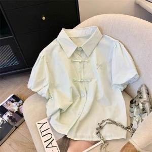 Xiaxin Chinese Style Button Polo Collar Womens Shirt Bubble Short Sleeve Embroidery College Style Butterfly Knot Top