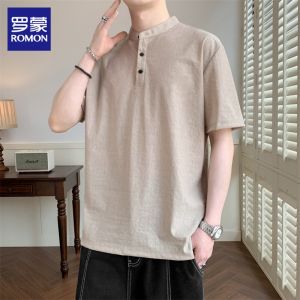 Lormen Retro Mens T-shirt Cotton Linen Chinese Style Stand Collar Half Sleeve Summer Breathable Loose Fit Youth Fashion